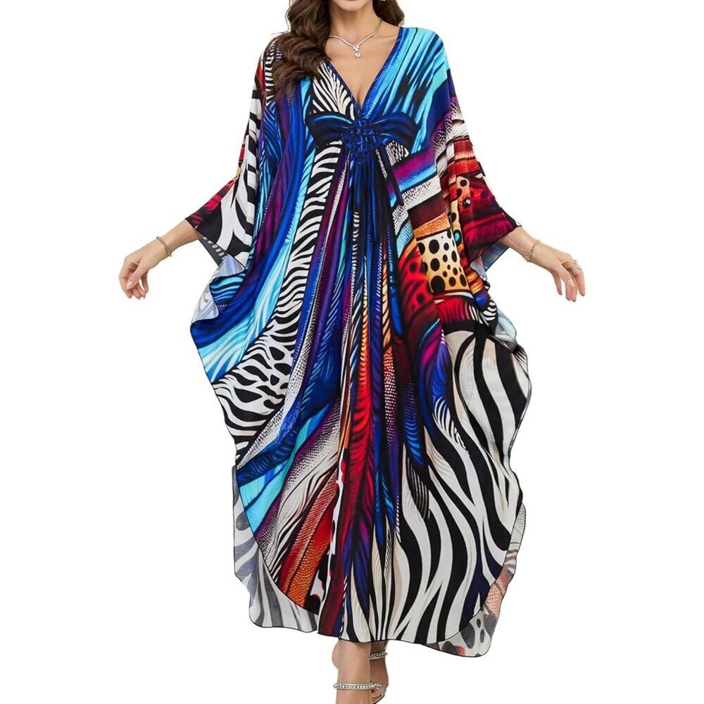 Women's Blue Bowknot Floral V-Neck Batwing Sleeves Summer Cover Up Kaftan Dress